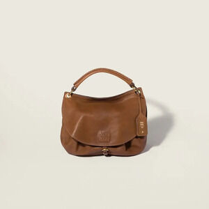 Miu Miu Rendezvous Leather Buckle Flap Woven Handle Logo Shoulder Bag Brown